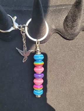 Colorful Drop Bead Keychain with Hummingbird Charm